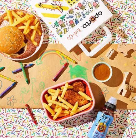 Oporto $9.95 Kids meal with chips, drink, choice of dipping sauce and a colouring activity.